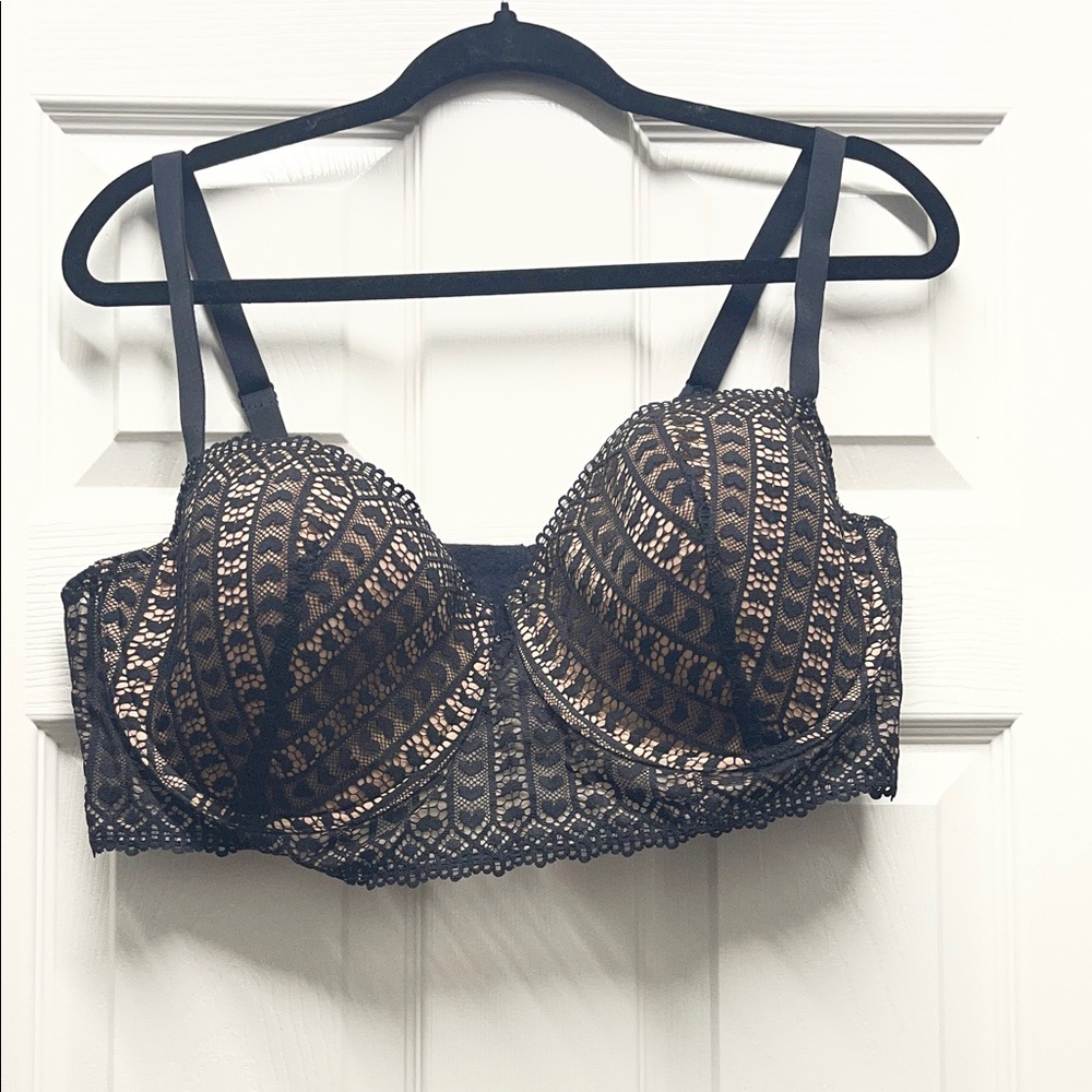 Adore Me Black Lace Longline Bra with Nude Lining
